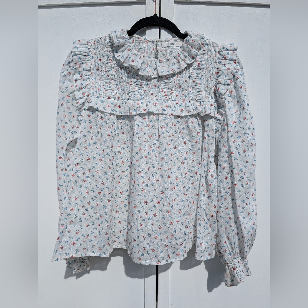 Doen Floral Ruffle Blouse - White and Pink - Picture 2 of 8